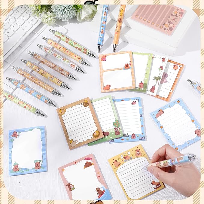 24 Pcs Capybara Sticky Notes with Pens Gifts Self Adhesive Notepad Cute Memo Notes Pads Black Ink Ballpoint Pen for Capybara Lover Gifts Office School Students Teacher Supplies