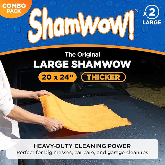 ShamWow Original Super Absorbent Multi-Purpose Cleaning Shammy Chamois Towel Cloth - Holds 10X its Weight in Liquid - Machine Washable - Will Not Scratch (4 Pack: 2 Large Orange & 2 Small Blue).