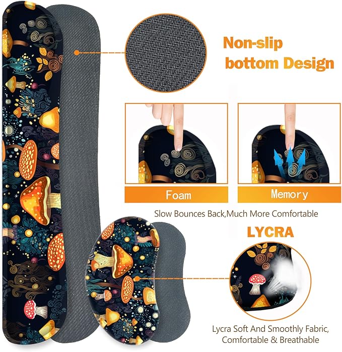 ARTSO Large Gaming Mouse Pad, Keyboard Wrist Rest Pad & Wrist Support Mousepad Set, Stitched Edge, Extended, Non-Slip Base, Memory Foam Desk Mat for Office, Home, Cute Mushrooms