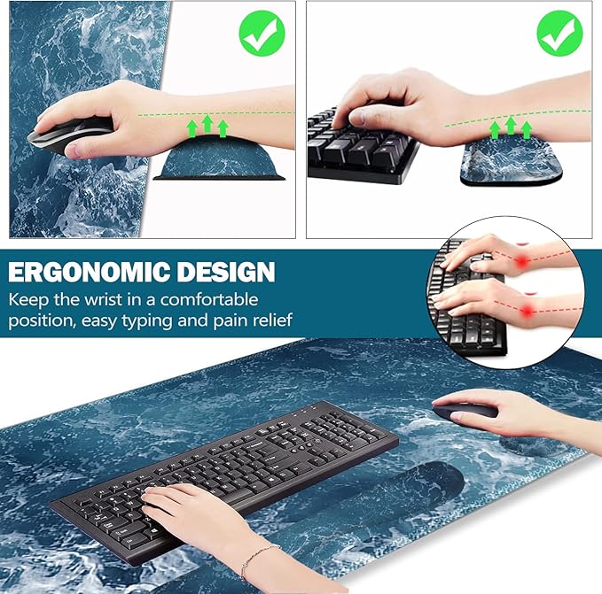 ARTSO Gaming Mouse Pad Extended, Keyboard Wrist Rest Pad & Wrist Support Abstract Mousepad Set, Non-Slip Base, Memory Foam Desk Mat, Ocean Waves