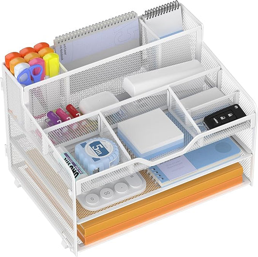 Docnest 3 Tier Mesh Desk Organizer for Paper Office Supplies – Multi-Functional Letter Tray with 5 Adjustable Compartments, 3 Pen Holders, Desktop Storage for Files, Mail, Stationery – White