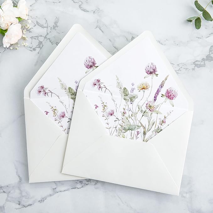 PONATIA 50PCS A7 Euro Flap Ivory Envelope, 5.25 x 7.25'' Wild Flowers Liner Envelopes for Wedding Invitations, Photos, Postcards, Greeting Cards, Christmas Gift Cards, Acrylic Mailing, 5x7 Envelopes