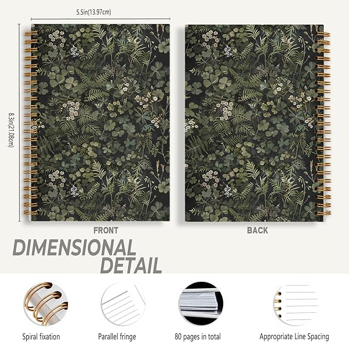 Dark Green Botanical Notebook, Cottagecore Wildflower Plant Journal, Vintage Fern Herb Leaf Floral Journal for Writing, Rustic Spiral Notebook 5.5x8.3 Inch