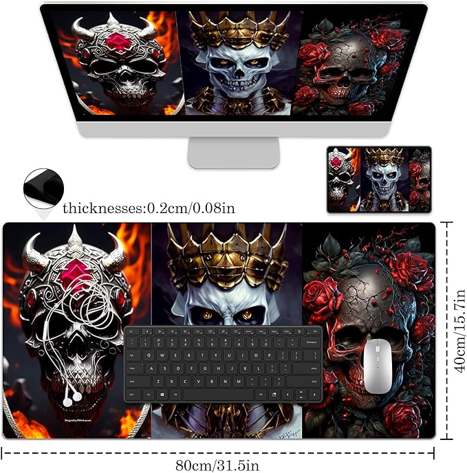 Skull Mouse Pad, Gaming Mouse Pad Large, Keyboard Mouse Mat Desk Pad, Non-Slip Rubber Base with Stitched Edges Mousepad, 31.5X15.7inch