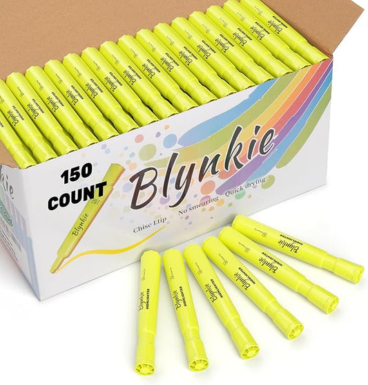 Highlighters Bulk 150 Pack of Yellow Colors Tank Style Chisel Tip Highlighters Set for Kid and Adult Coloring Highlighting for Classroom Office School Supplies and Shop Short Style.