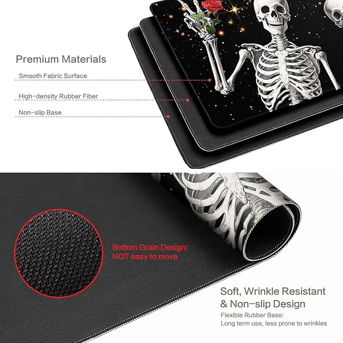 Love, Roses and Skulls Mouse Pad Desk Mat, Waterproof Black XXL Extended Large Gaming Mouse Pad Halloween Skull Rose Desk Pad Mousepad XXL Extended Keyboard Mat Mouse Mat, 31.5 x 15.7 in