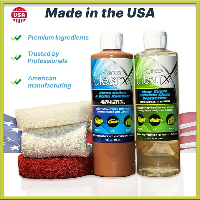 Venco Clear X Glass Polish & Protector - 16oz Kit for Removing Rust, Burnt-In Stains, Water Spots - Protects & Repels Water, Snow - Ideal for Yachts, Cars, Home Windows, RVs & More - Made in USA