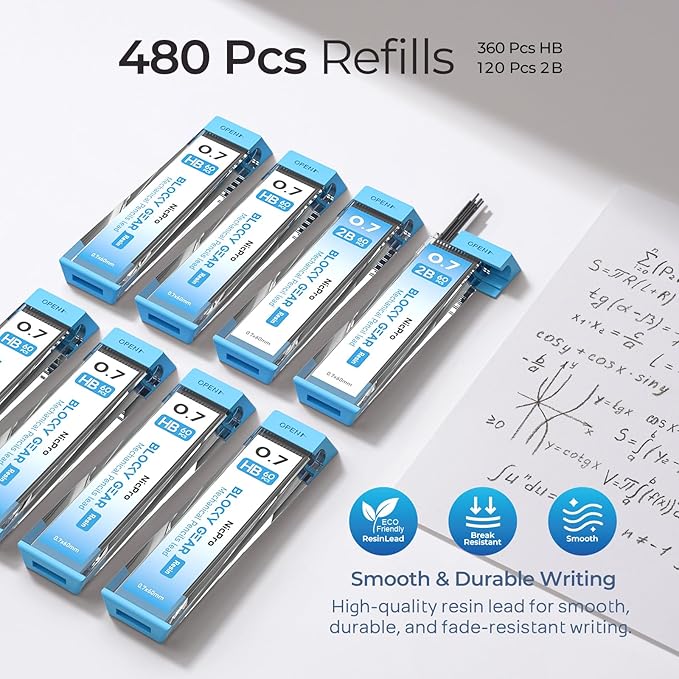 Nicpro 3 Pack Blocky Gear 0.7 mm Metal Mechanical Pencils Set with Case, Lead Drafting Pencil with 8 Tube (480PCS) Lead Refills(HB 2B), 4 Erasers, 18 Eraser Refills for Art Writing, Sketching Drawing