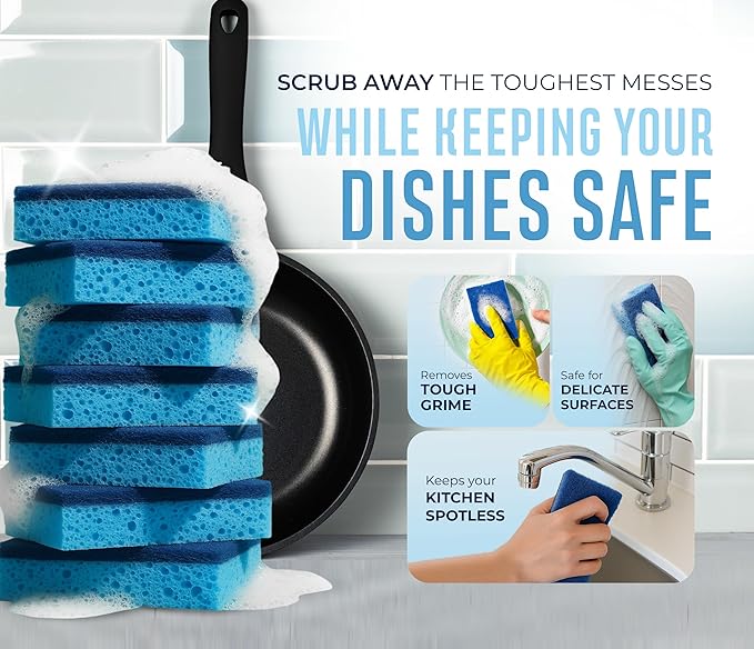 RSLIFE Blue Scrub Sponges Pack of 6 – Dual-Sided Kitchen Sponges for Cleaning – Non Scratch for Dishes, Bathroom, Surfaces – Durable Dishwashing Sponge