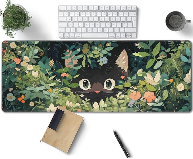Cat Hiding in Flowers Large Mouse Pad, Anime Style Gaming Desk Mat, XL Keyboard Desk Pad Mat for Desktop, 31.5"x11.8" Non-Slip Base Big Mousepad with Stitched Edges