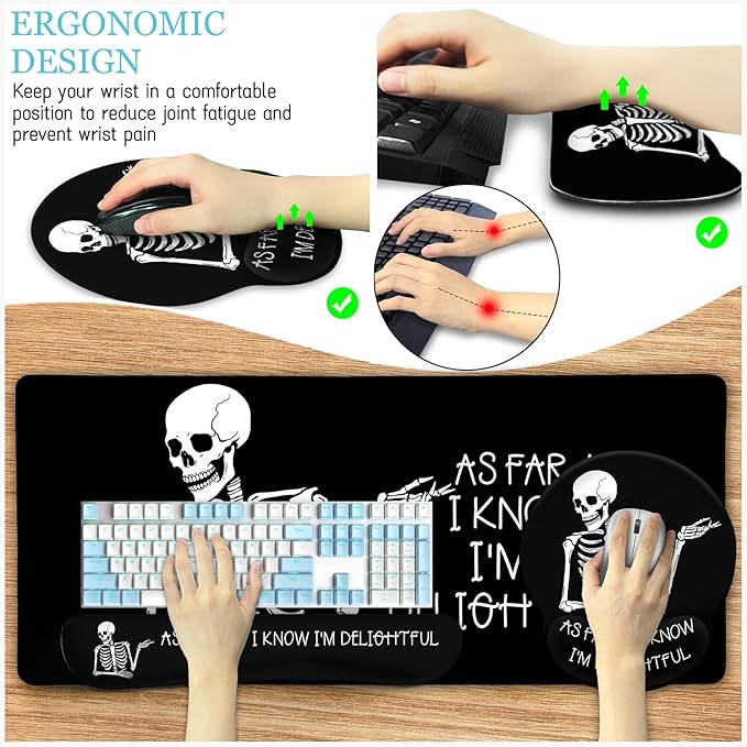 Ergonomic Mouse Pad with Wrist Rest Desk Mat Set, Skeleton Gaming Mouse Pads, Keyboard Mat Wrist Rest Cup Coaster, Funny Office Desk Accessories