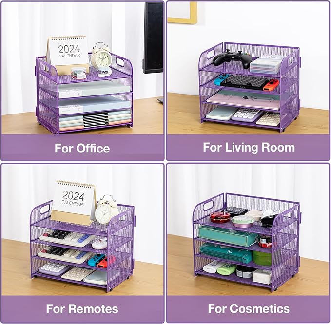 4-Tier Desk Organizer Paper Tray, Desk File Organizer with Handle, Mesh Desk Organizer Letter File Stackable Trays for Home Office Supplies and Accessories - Purple