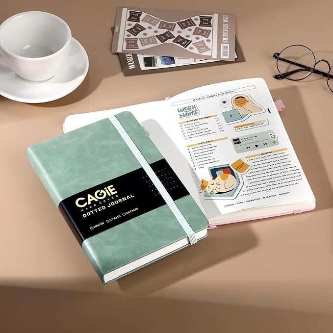 CAGIE Bullet Dotted Journal Notebook 320 Pages 100 GSM Paper Hardcover A5 Dot Grid Notebook Leather Journals for Writing Women Men Work Journaling, Green