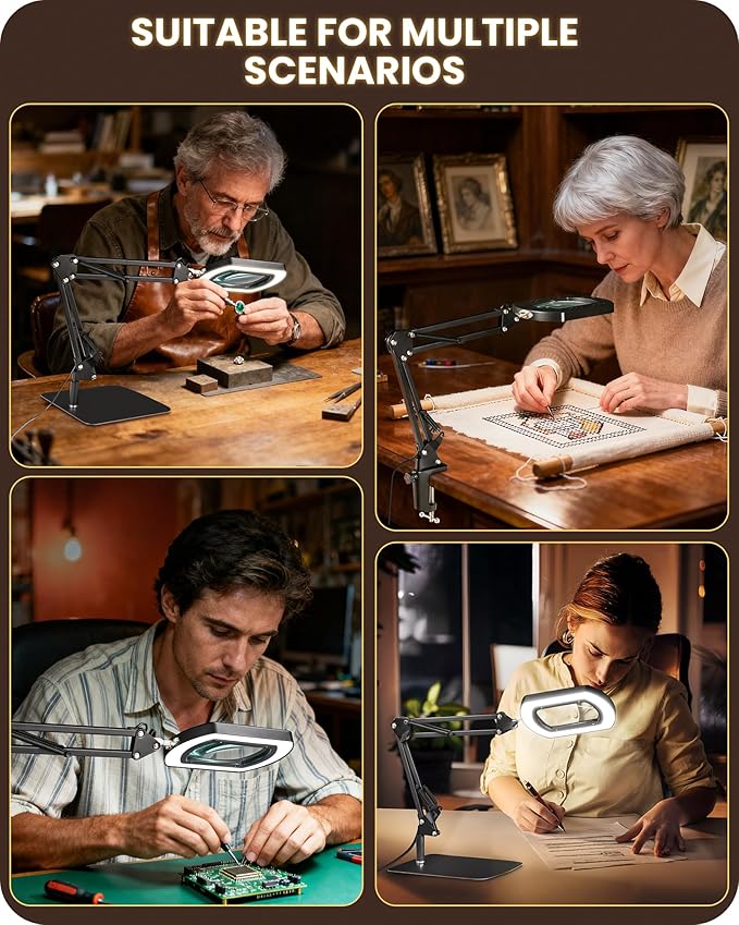 10X Square Magnifying Glass with Light and Stand, 2-in-1 LED Lighted Desk Lamp & Clamp, 5 Color Modes Stepless Dimmable, Hands-Free Magnifier Desk Lamp for Reading Craft Close Work B01DL05