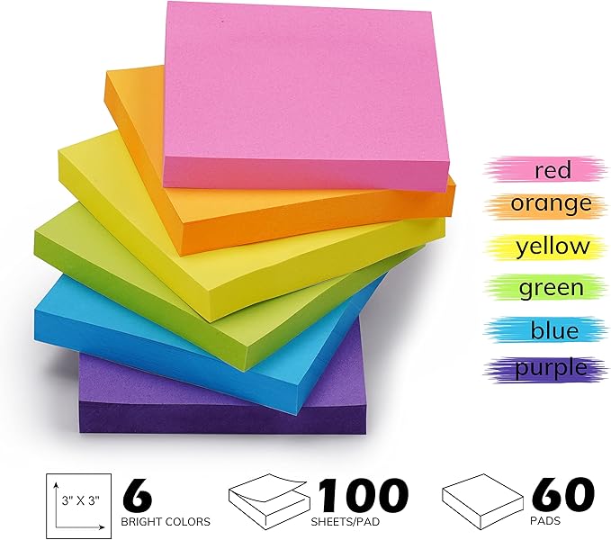 Sticky Notes Bulk, 60 Pads Sticky Notes, 3 X 3 Inch, 100 Sheets/Pad, Assorted Bright Colors Notes Pads Pack,Great Sticking Power