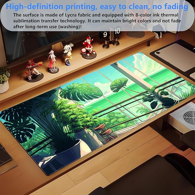 XL Desk Pad Mat, Extended Gaming Mousepad 31.5 x 15.7 in, Non-Slip Computer Mat with Stitched Edges, Green Tropical Plants Design for Desk, Keyboard & Mouse