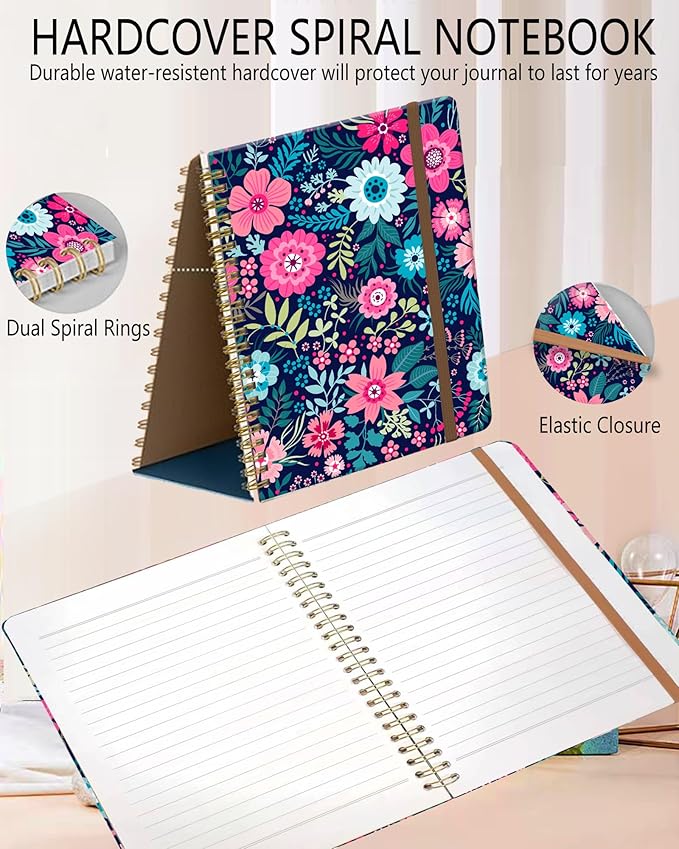 Spiral Journal Notebook, A5 Cute Notebooks for Women Men, College Ruled Hardcover Notebook for Work & Note Taking, 60 Pages Double-Wire Journals for Writing, Cute Purple Flowers