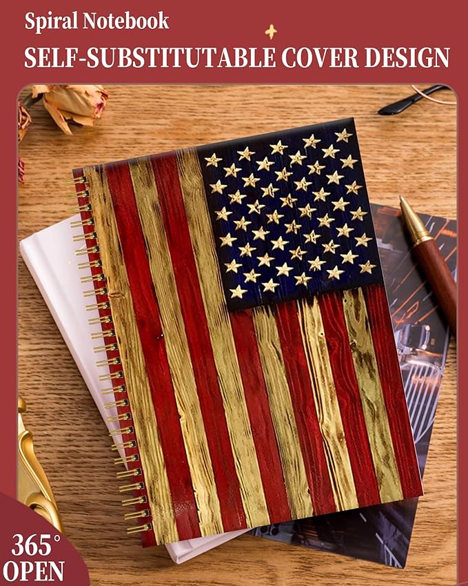 Spiral Journal Notebook for Women,A5 College Ruled Notebooks 6"x 8.4",120 Pages Lined Journal with Premium Thick Paper,Perfect for School Office Home Gifts(Wood American Flag)