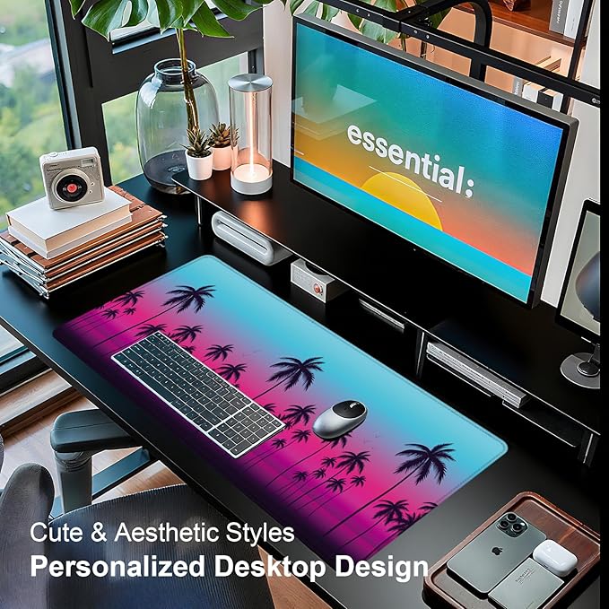 Large Desk Mat, Desk Matt for Desktop, Computer Gaming Mouse Pads, Anti-Slip Rubber Base, Stitched Edges Soft Mat for Desktop Office Home 31.5 x 11.8 Inches (Neon Palm)