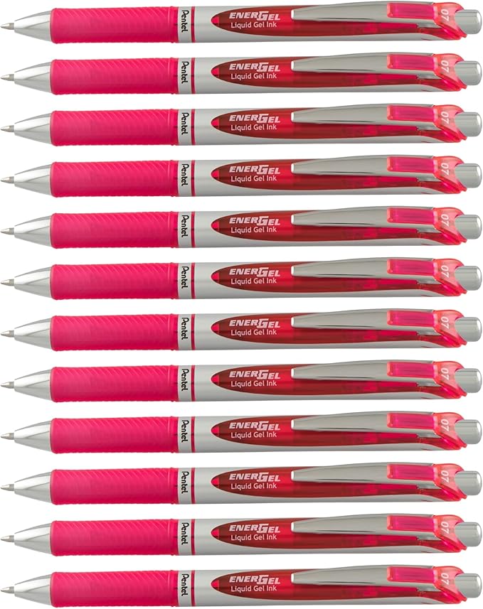 Pentel EnerGel Deluxe RTX Retractable Liquid Gel Pen, Medium Line, Metal Tip, Pink Ink, Box of 12 (BL77-P)