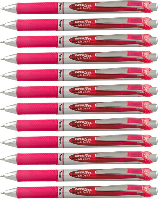 Pentel EnerGel Deluxe RTX Retractable Liquid Gel Pen, Medium Line, Metal Tip, Pink Ink, Box of 12 (BL77-P)