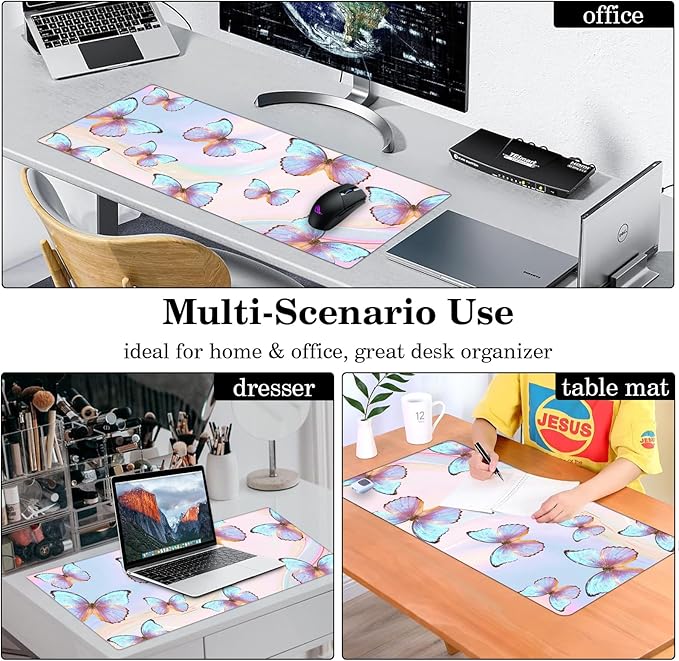 Butterfly Desk Pad Protector, Stitched Edges Mouse Pad, Large Office Mat, Non-Slip Blotter, Laptop Pad, Writing Pad for Office and Home (31.5" x 15.7")