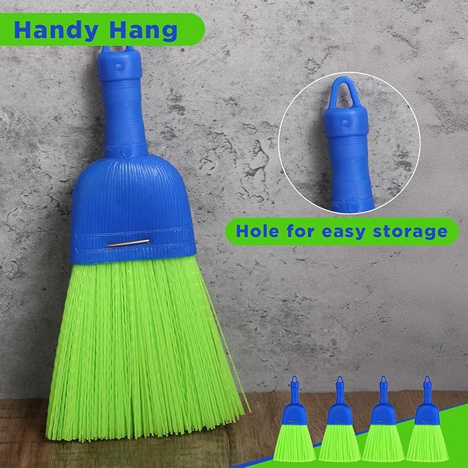 4 Pcs Whisk Broom, Poly Fiber Handheld Brush with Hanging Hole, Outdoor Car Hand Broom for Cleaning Indoor Porches, Floors, Decks, Driveways, Dust, and Dirt
