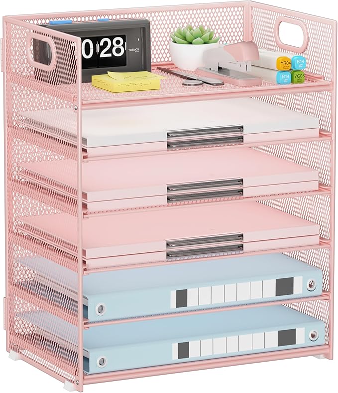 6-Tier Mesh Paper Organizer, Pink Letter Tray with Handle, Office Desk Accessories, 12.6L x 9.1W x 13.5H inches