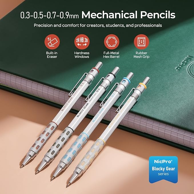 Nicpro 4 Pack Blocky Gear 0.3, 0.5, 0.7, 0.9 mm Metal Mechanical Pencils Set with Case, Lead Drafting Pencil with 8 Tube Lead Refills(HB 2B), Erasers, Eraser Refills for Art Writing Sketching Drawing