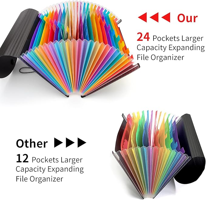 Uquelic Large Accordion File Organizer, Legal Size File Folder with 24 Pockets, Plastic Expanding File Organizer, Color Index& Elastic Strap for Legal/Letter/A4 Size Papers(Black)