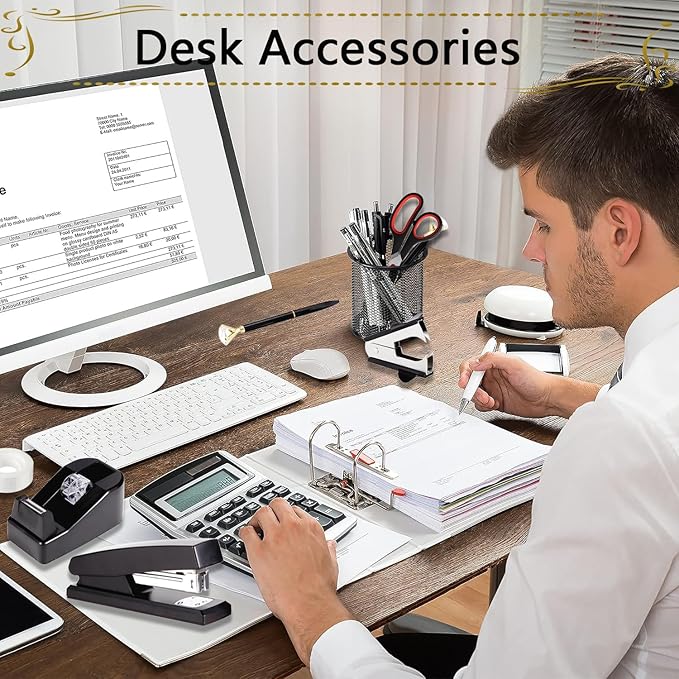 Office Supplies,Desk Accessories, Stapler and Tape Dispenser Set for Women with Stapler, Tape Dispenser, Staple Remover, Staples, Clips, Scissor and Tabs,Gift for Students, Coworkers