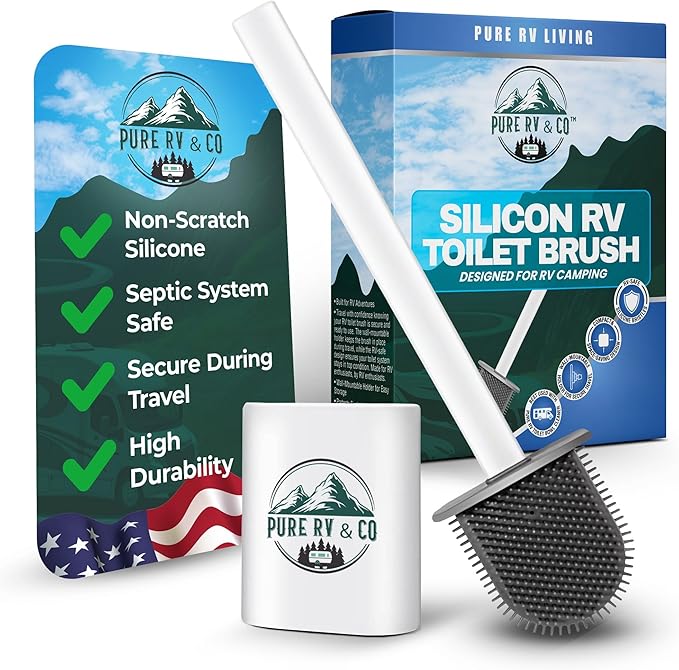 RV Toilet Brush and Holder Set, Compact Silicone Bowl Brush for Camper, Trailer & RV Toilets – Wall Mounted, Flexible Head, RV Bathroom Must-Have