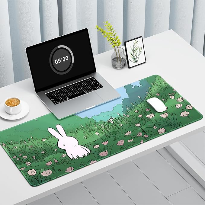 Auhoahsil Desk Mat, Ultra Large Mouse Pad, XXL Gaming Mousepad, Pretty Desk Pad, Big Extended Full Size Desktop Desk Matt for Keyboard, Laptop & Computer, 35.5 x 15.7 in, Anime Bunny Green Grass