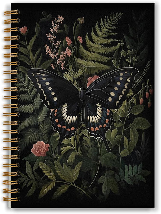 Dark Botanical Black Butterfly Notebook, Moody Floral Moth Journal for Women, Dark Academia Cottagecore Journal for Writing, Cottagecore Butterfly Spiral Notebook 5.5x8.3 Inch