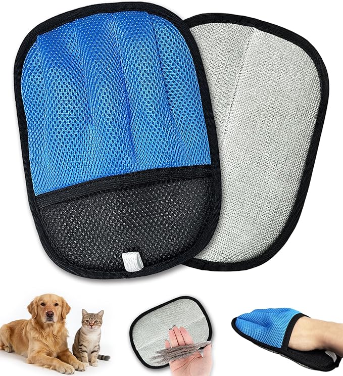 Upgraded 5-Finger Pet Hair Removal Gloves for Cats & Dogs, Reusable Electrostatic Magic Brush for Carpet, Couch, Car Seat, Clothing, Gentle Grooming and Hair Remover Tool (Blue)