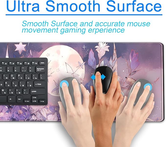Cool Kawaii Pastel Purple Floral Desk Mat Mouse Pad Large Gaming Mousepad Spiritual Full Moon XL Extended Desk Pad Laptop Keyboard Mouse Mat, Cute Deskmat for Women Office Decor 31.5''x11.8''