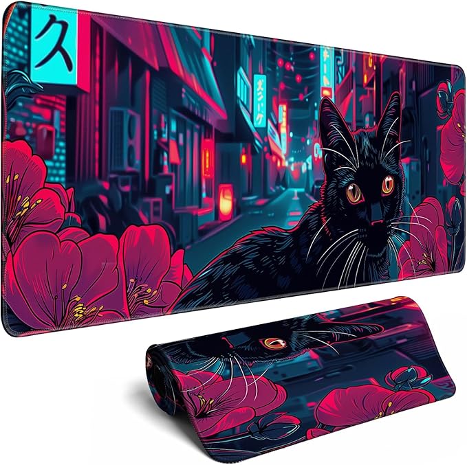 Japanese Black Cat Mouse Desk Pad Kawaii Red Anime Desk Mat Desk Decor Large Gaming Mouse Pad for Tokyo Neon Desk Mousepad Computer Office Keyboard Laptop Big Floral Mouse Pad Xl-31.5x11.8 in