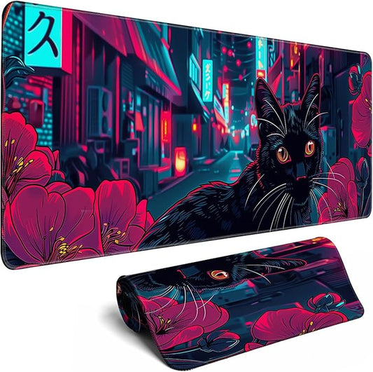 Japanese Black Cat Mouse Desk Pad Kawaii Red Anime Desk Mat Desk Decor Large Gaming Mouse Pad for Tokyo Neon Desk Mousepad Computer Office Keyboard Laptop Big Floral Mouse Pad Xl-31.5x11.8 in