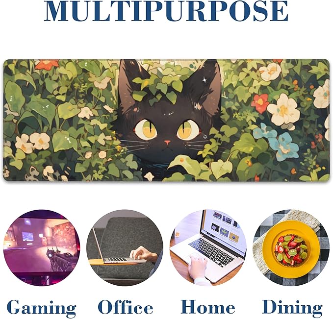 Large Mouse Pad Black Cat in Flower Garden Extended Gaming Mousepad Waterproof Desk Pad with Non-Slip Base and Stitched Edge Keyboard Pad 11.8 x 31.5 Inch Mouse Mat for Home Office Decor