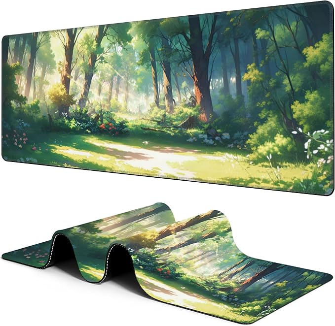 Anime Woodland Forest Mouse Pad Desk Mat XL Large Gaming Mousepad Extended Computer Keyboard Mat with Non-Slip Rubber Base and Stitched Edge 11.8 x 31.5 Inch for Gaming and Office Work