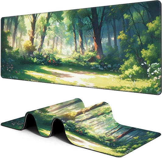 Anime Woodland Forest Mouse Pad Desk Mat XL Large Gaming Mousepad Extended Computer Keyboard Mat with Non-Slip Rubber Base and Stitched Edge 11.8 x 31.5 Inch for Gaming and Office Work