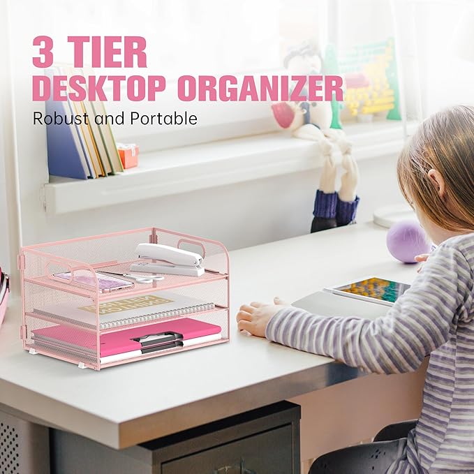 Daltack 3-Tier Paper Organizer with Handle, Mesh Desk Organizer Letter Tray, Paper Tray Organizer File Organizer for A4 File Folder, Pink