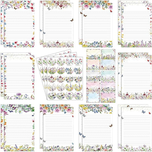 TaoBary 160 Pcs Stationery Paper Set 50 Double Sided Stationery Papers with 50 Matching Envelopes and 60 Round Dot Sticker, 10 Design(Wildflower,5.5 x 8.25 Inch)