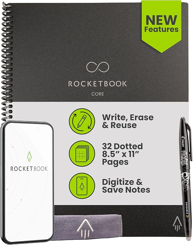 Rocketbook New Core Reusable Spiral Notebook, Letter Size 8.5x11, Black - Dotted Pages, App-Connected, Erasable, Durable Cover, Ideal for School, Work, and Creative Projects
