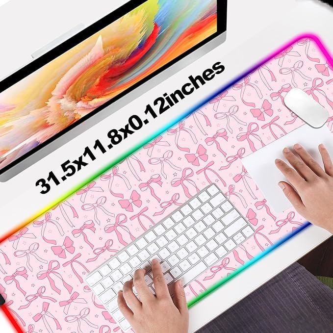 RGB Pretty Bow Girly Gaming Desk Mat, Computer Keyboard Large Extended Long LED Mouse Pad for Office and Home, XL (W24)
