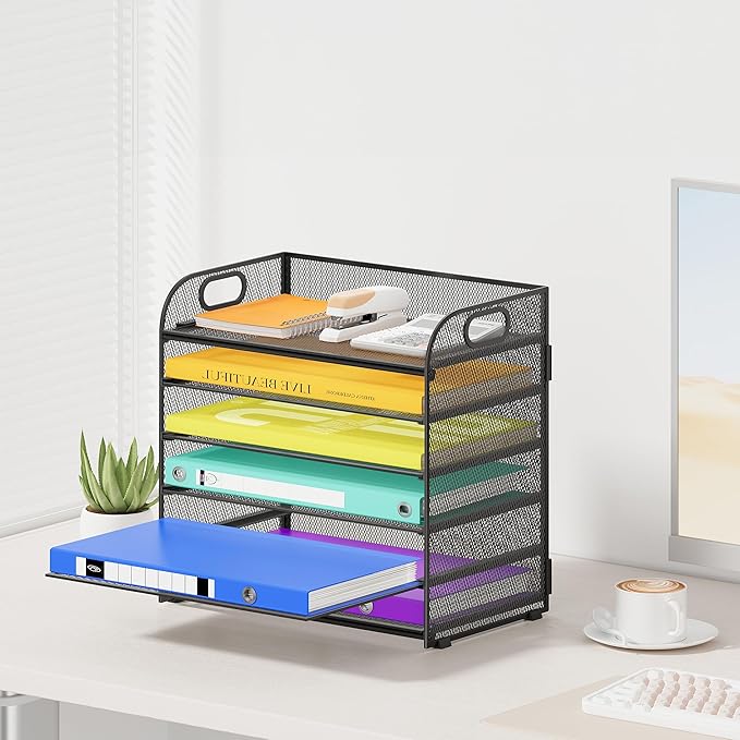 6 Tier Paper Organizer with Handle, Metal Desk Organizer Mesh Paper Letter Tray Desktop File Folder Document Sorter for Classroom, School, Office Accessories Organization and Storage - Black
