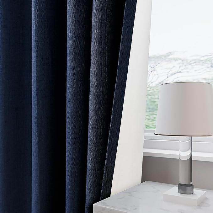 Nanspring Navy Blue 100% Blackout Kitchen Curtains Back Tab Rod Pocket Thermal Insulated Textured Short Blackout Curtains 2 Panels Set 52x54