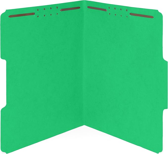 50 Green Fastener File Folders - 1/3 Cut Reinforced Assorted Tab - Durable 2 Prongs Designed to Organize Standard Medical Files, Law Client Files, Office Reports - Letter Size, Green, 50 Pack