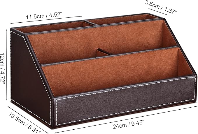 KINGFOM Pu Leather Desk Organizer with 5 Compartments Holder, Multi-Functional Office Supplies Storage Caddy for Pen/Pencil, Phones, Remote Controller and Desktop Accessorie Brown