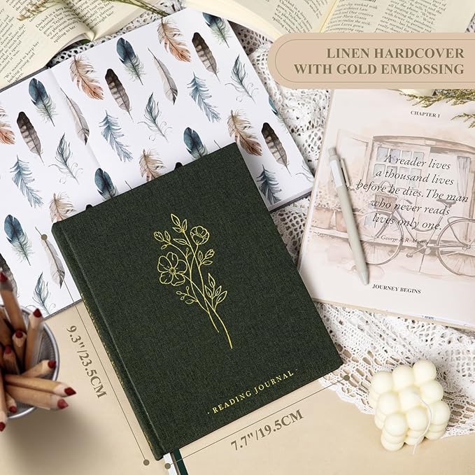 Lanpn Reading Book Journal for Book Lovers Readers, 9.3" x 7.7", 158 Pages Linen Hardcover Books Tracker with 52 Reviews, Read Log Notebook Bookish Gifts (Green)